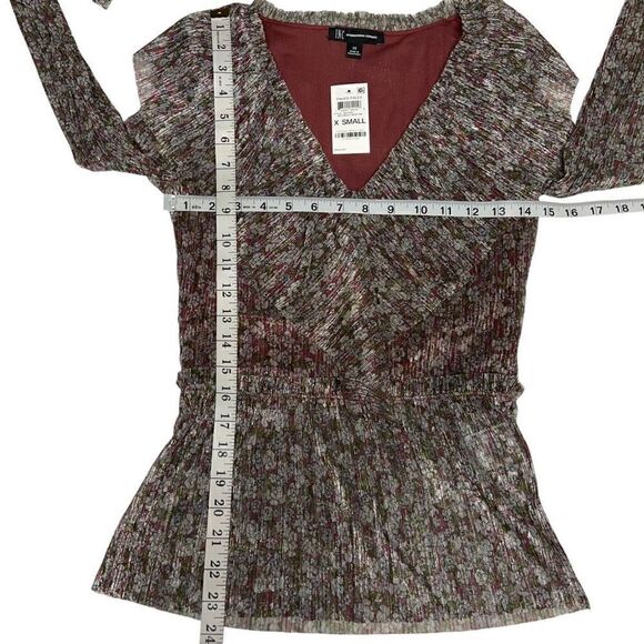 INC International Concepts Blouse V Neck Green White Red Metallic Ruffled XS - Picture 8 of 13